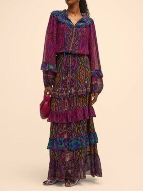 Farm Rio Sz Small Mixed Tapestry Maxi Dress Long Sleeve Blue Green Purple